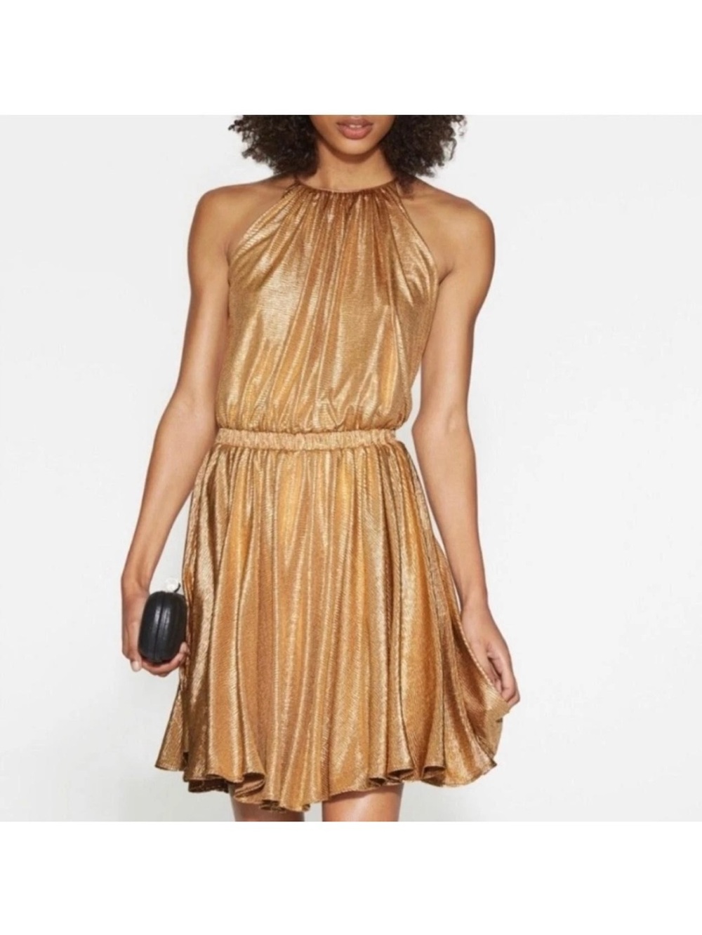 NWT Halston Heritage Gold Metallic Sparkling Halter Mini Cocktail Dress